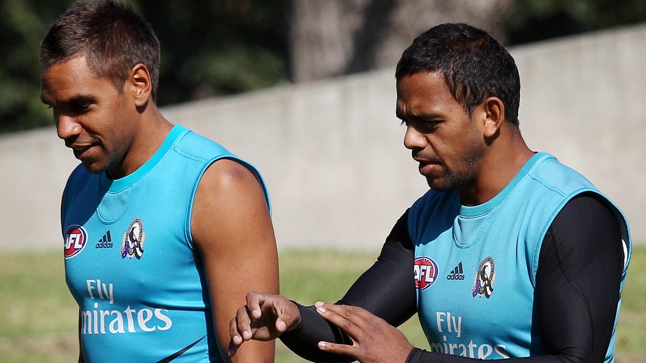 Davis (R) and Andrew Krakouer (L) cut ties with Collingwood after the racism allegations hit the club, but returned in July. (Picture: News Limited)