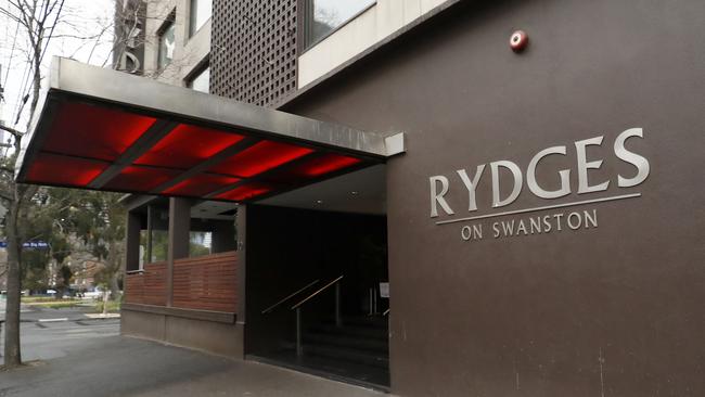 Rydges Hotel on Swanston St was one of the quarantine hotels linked to a coronavirus cluster. Picture: Getty Images