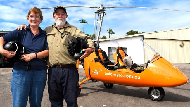 Christiane and Dan Birkett with their gyrocopter at Ingham Aerodrome. The couple can lay claim to being among the first – if not the first – to pilot what is also known as an autogyro or gyroplane above Hinchinbrook Island and Wallaman Falls. Picture: Cameron Bates