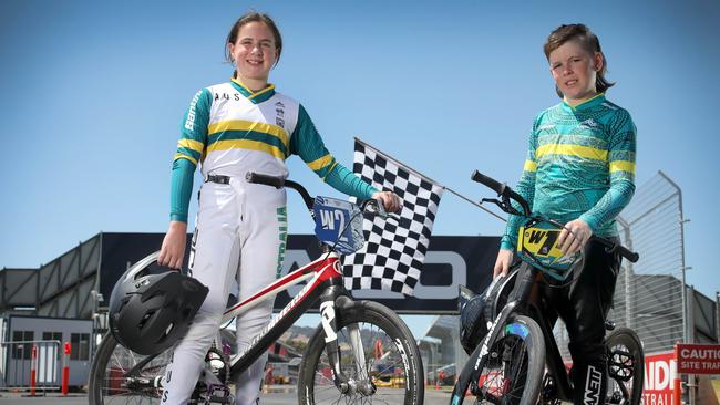 Young BMXers Penelope Blackwell, 9, and 11-year-old Jayden Bradbrook are looking forward to watching their BMX heroes in action. Picture: Dean Martin