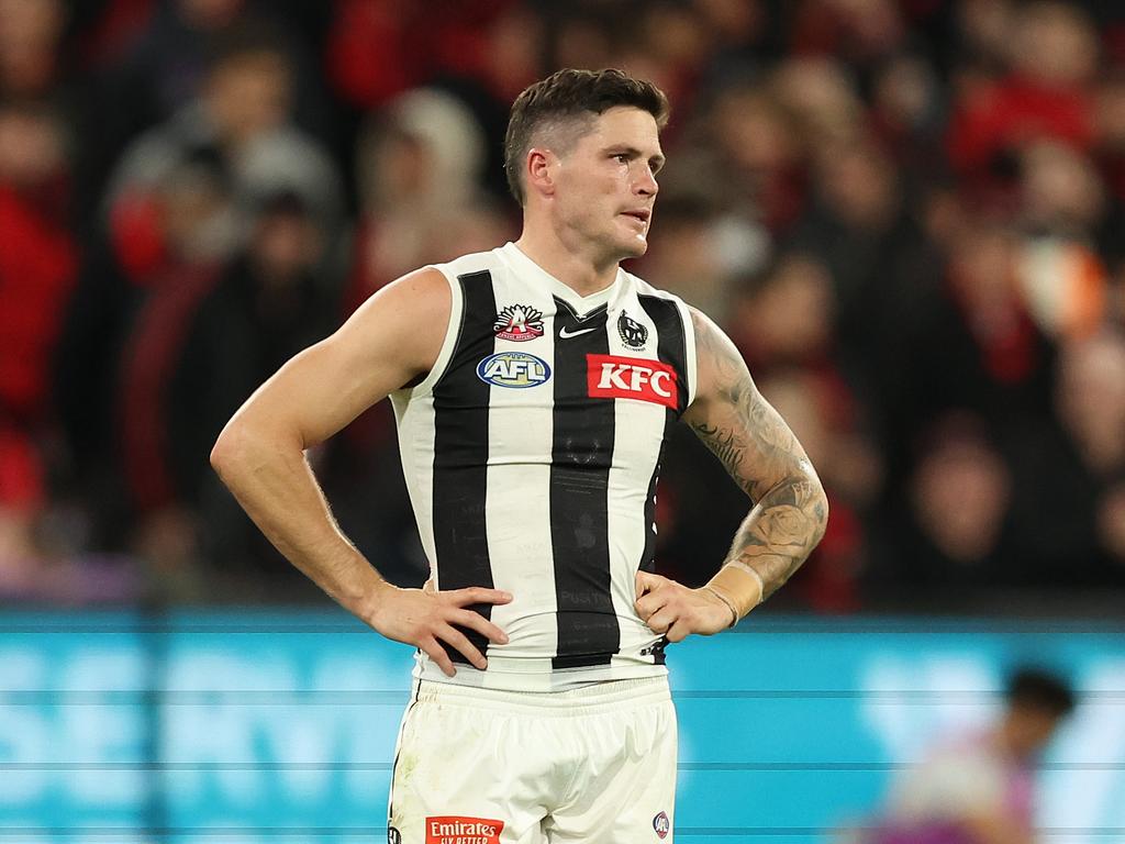 MELBOURNE, AUSTRALIA - APRIL 25: Jack Crisp of the Magpies looks on after the match ended in a draw during the round seven AFL match between Essendon Bombers and Collingwood Magpies at Melbourne Cricket Ground, on April 25, 2024, in Melbourne, Australia. (Photo by Robert Cianflone/Getty Images)