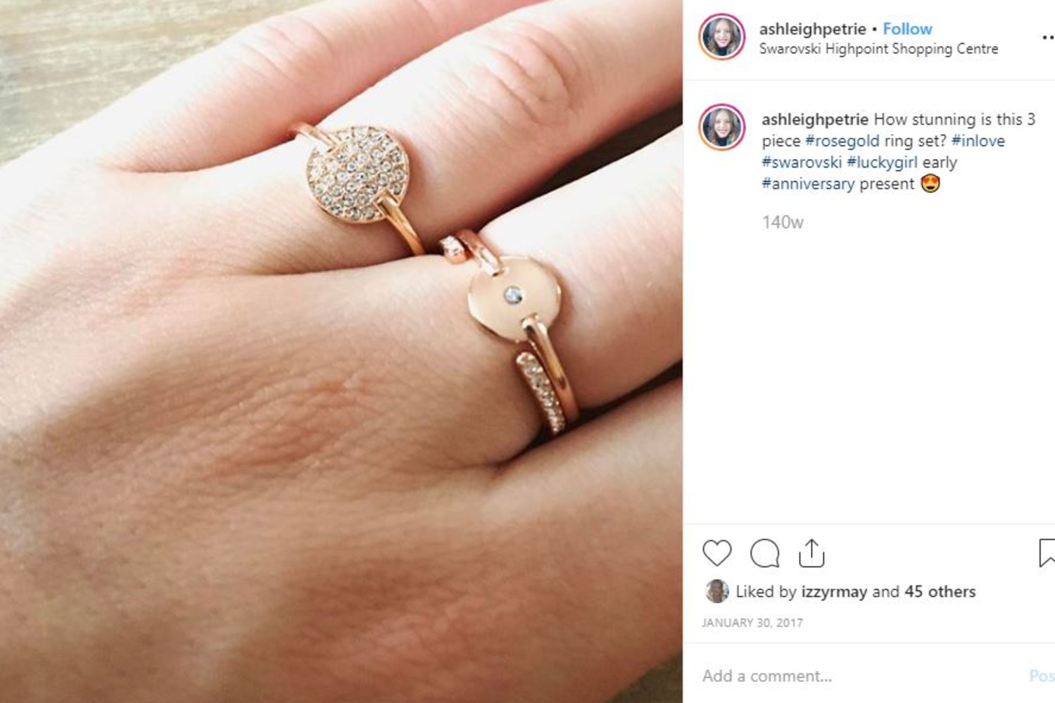 Her former flame appeared to shower Ms Petrie with jewellery, including this anniversary gift, throughout their relationship. Picture: Instagram/Ashleigh Petrie