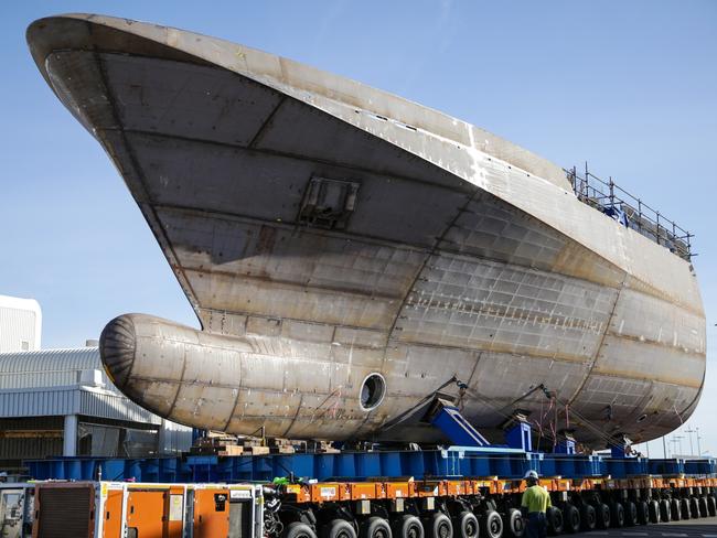 *** Local Caption *** In a further milestone for the Offshore Patrol Vessel (OPV) program, the two halves of the first of class ship, Arafura, built by Luerssen Australia and its partner ASC have been brought together and welded to form a complete hull.     In what was the largest block move in the history of the Osborne Naval Shipyard and a considerable engineering feat, Australian Naval Infrastructureâs (ANI) operations team manoeuvred the two mega-blocks together, with only millimetres between them.