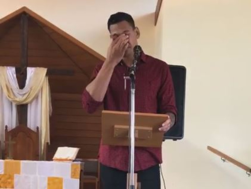 Israel Folau cries while delivering an Easter sermon. 