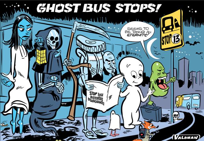 "Ghost bus stops". Cartoon: Jos Valdman