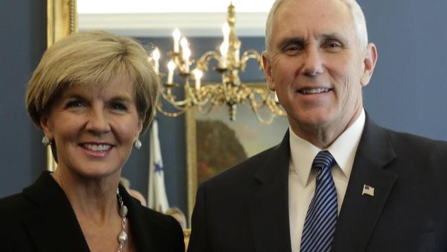 Australian Minister for Foreign Affairs Julie Bishop meets with US Vice President Mike Pence at the White House in Washington. Picture: Yuri Gripas