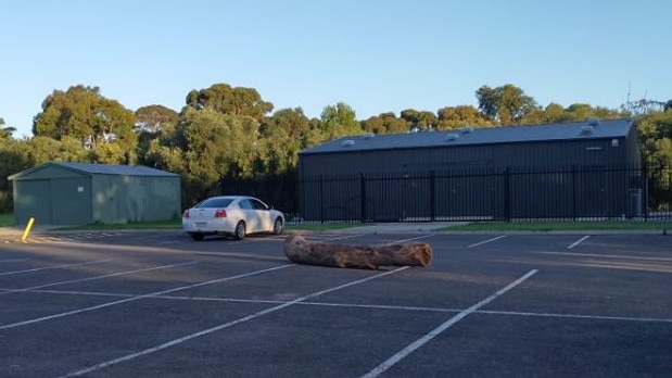 A large log has been dragged from the entrance of the Byards Rd Wetlands to the middle of the Byards Community Centre. Picture: Supplied