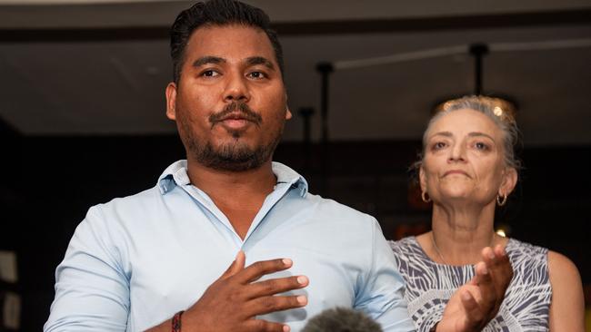 Yogi’s Way owner Bhairab Yogi and Essential Services Minister Kate Worden. The Darwin restaurant owner has welcomed the NT government's energy bill relief, saying his power bills can hit $2000 a month. Picture: Pema Tamang Pakhrin