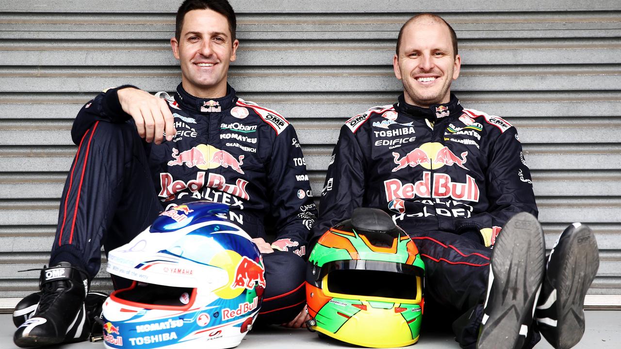 Jamie Whincup with Co-Driver Paul Dumbrell at Sandown Racecourse in Melbourne. Picture: Tim Hunter.