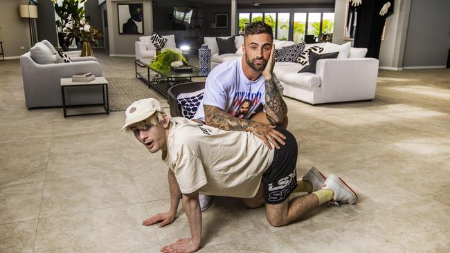 Jackson O'Doherty with his mate Harry Mcsoriley at his Gold Coast home. Picture: Nigel Hallett