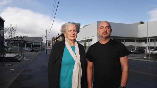 Lindsey Johnstone co-owner of Tasmanian Wine Centre and John Koulmandas owner of Mayfair Takeaway who are unhappy about the proposed installation of bike lanes in Collins Street Hobart. Picture: Nikki Davis-Jones