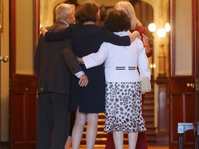 Ms Berejiklian warmly embraces parents Krikor and Arsha. Picture: Toby Zerna.