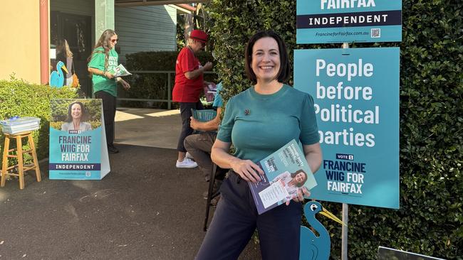Climate-200 backed independent candidate Francine Wiig at a Fairfax pre-poll station. Photo: Jarrod Tutbury.