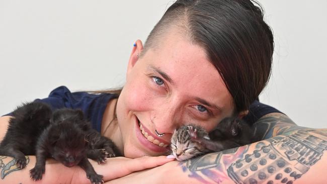 RSPCA volunteer, and foster &amp; neonatal carer Bianca Payne with the kittens – they will need care for 8–10 weeks until they can survive on their own. Picture: Keryn Stevens