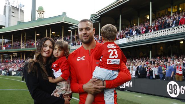 Lance Franklin with his wife Jesinta and their children Rocky and Tullulah. Picture: Jonathan Ng