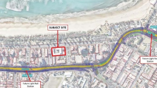 The twin towers site for Burleigh on the Gold Coast showing where light rail stations will be.