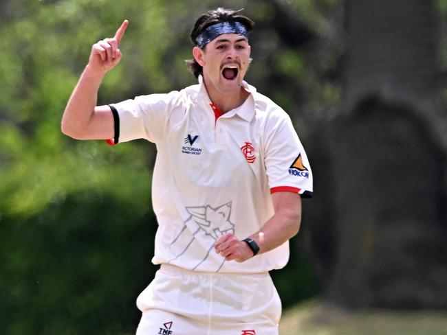 EssendonÃs Cam McClure during the Premier Cricket match between Melbourne and Essendon in Melbourne, Saturday, Oct. 21, 2023. Picture: Andy Brownbill