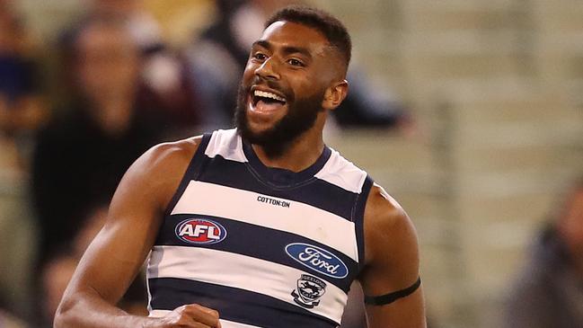 AFL 1st Semi Final. 13/09/2019.  Geelong vs West Coast Eagles at the MCG.  Geelong Esava Ratugolea  celebrates a goal in the 3rd qtr    . Pic: Michael Klein.