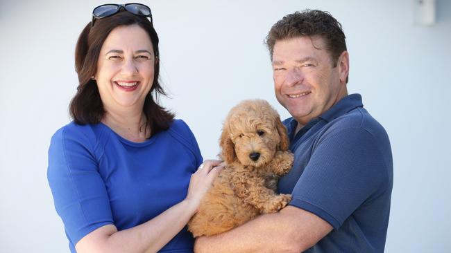 Premier Annastacia Palaszczuk with partner Shaun Drabsch and canine companion Winton. Picture: Jamie Hanson