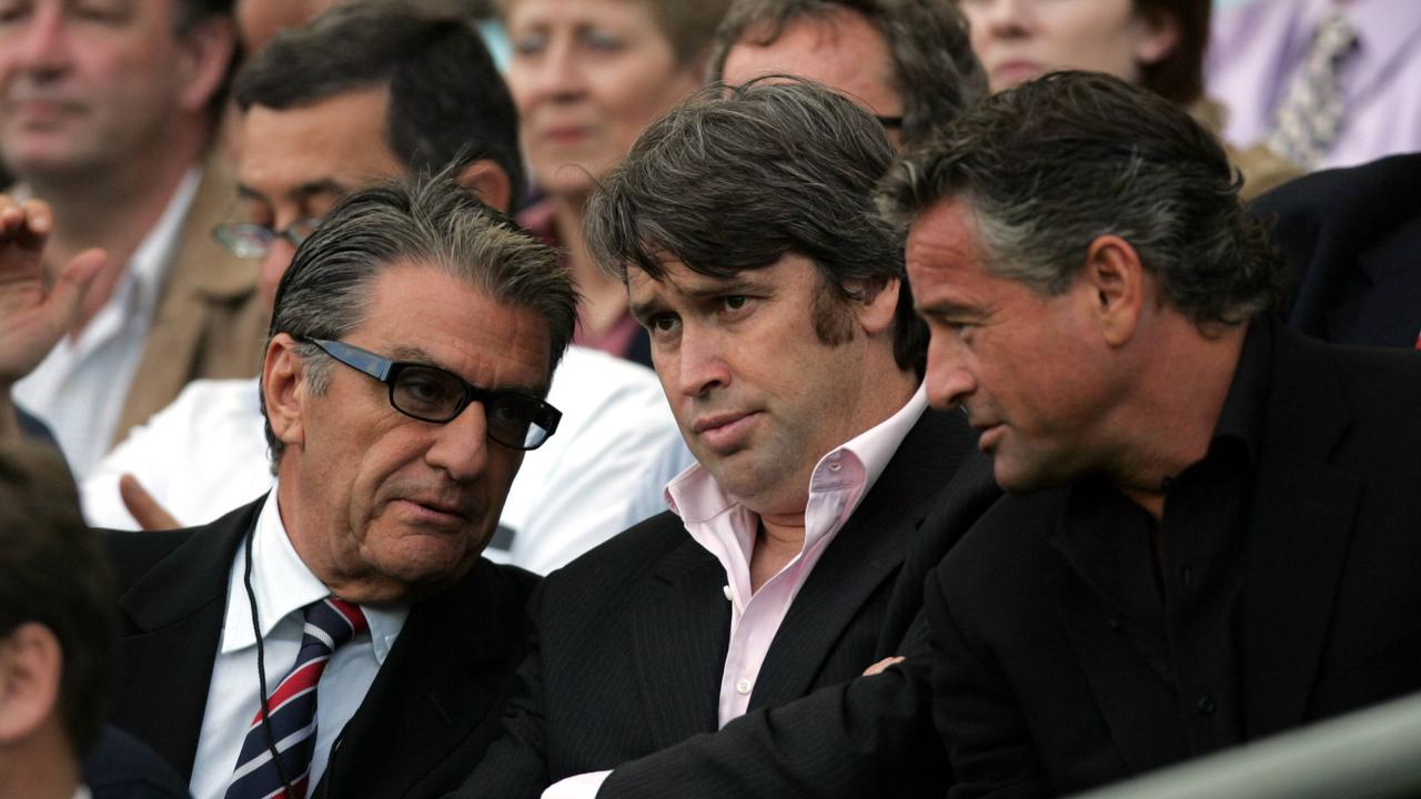 Sydney Roosters CEO Nick Politis (L) with Channel 9 CEO David Gyngell and Mark Bouris.