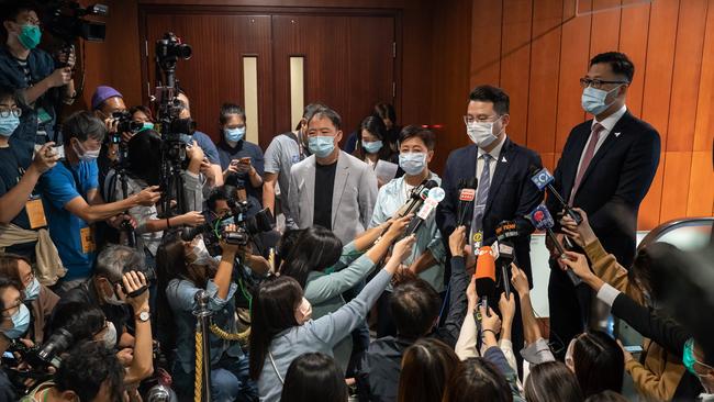 Pro-democracy MPs Helena Wong, Wu Chi-wai, Andrew Wan Siu-kin and Lam Cheuk-ting after tendering their letters last Thursday. Picture: Getty Images