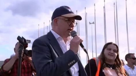 No More rally organiser Sarah Williams, right, Anthony Albanese at the Sunday rally in Canberra. Picture: Instagram