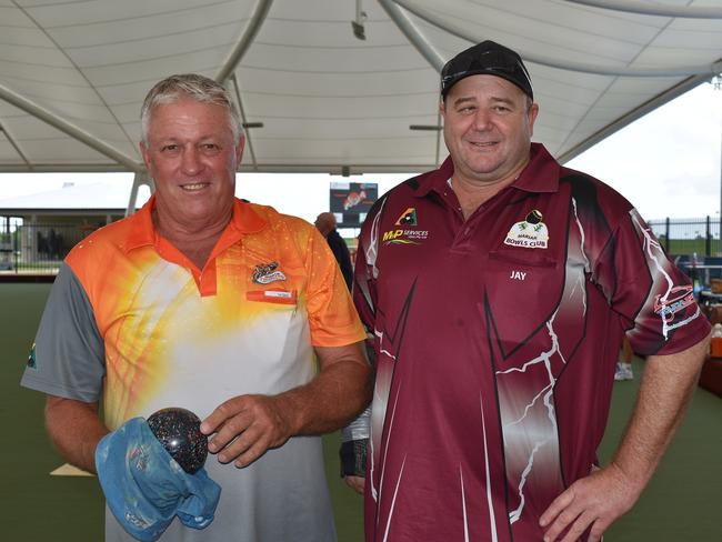 Wests Tigers Bowls Club and Mackay councillor Russell Seymour with Jay Wilson from Marian Bowls Club at the Rolling for Recovery fundraiser. Picture: Tara Miko