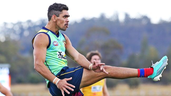 Brisbane Lions training from  Kingston Twin Ovals.  Charlie Cameron kicks for goal during a practice game.  Picture: Zak Simmonds