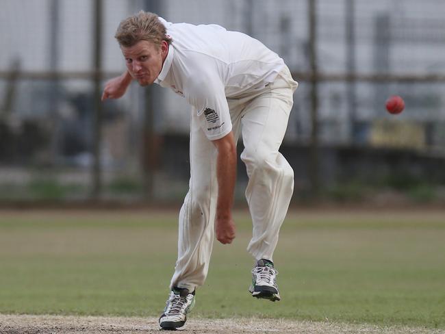 Action from the QCA Cricket match between United and Barron, held at Griffiths Park, Manunda. Photo of Barron pace bowler Matt Robertson. Picture: Brendan Radke.