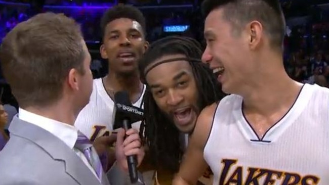 Nick Young, Jordan Hill and Jeremy Lin get way too excited about a Lakers win.