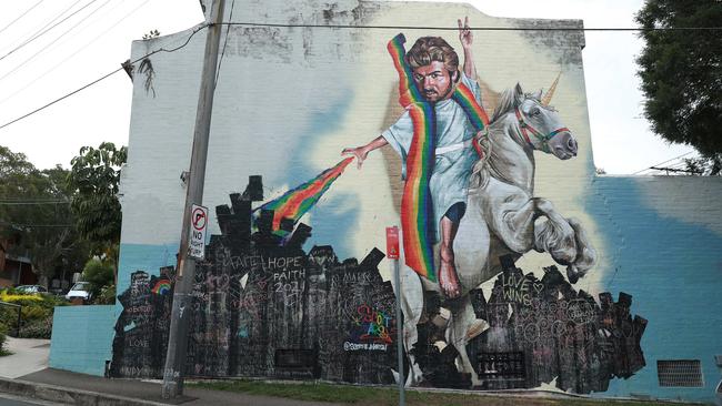 Marsh’s revised mural of St George astride a unicorn, completed in December 2020. Picture: John Feder