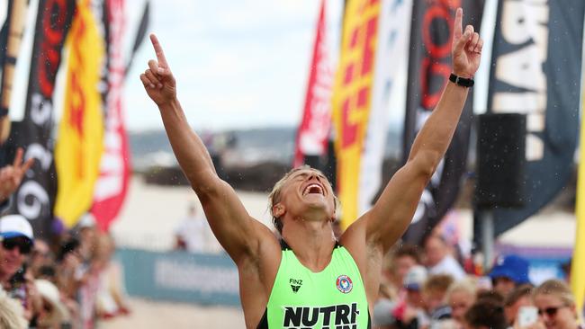 Matt Bevilacqua celebrates winning the 2019 Coolangatta Gold on October 13, 2019 in Coolangatta, Australia. (Photo by Chris Hyde/Getty Images)