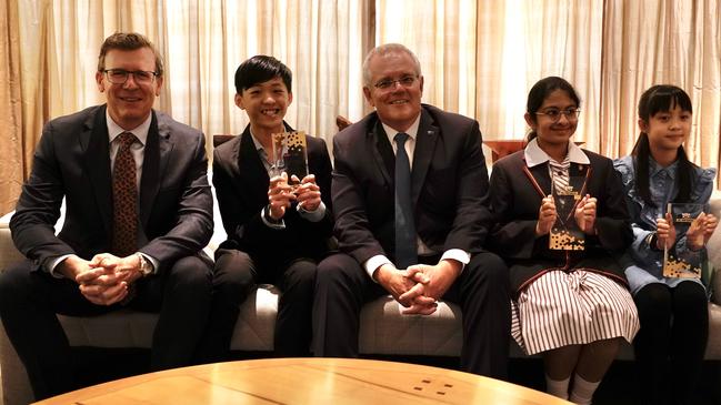 Education Minister Alan Tudge and Scott Morrison with the winners of the Prime Minister’s Spelling Bee competition. Picture: Adam Taylor