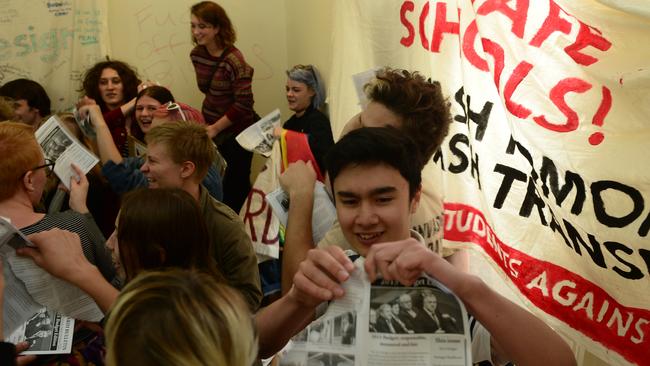 The protesters rip up pamphlets in Senator Cory Bernardi's reception area. Picture: Mark Brake