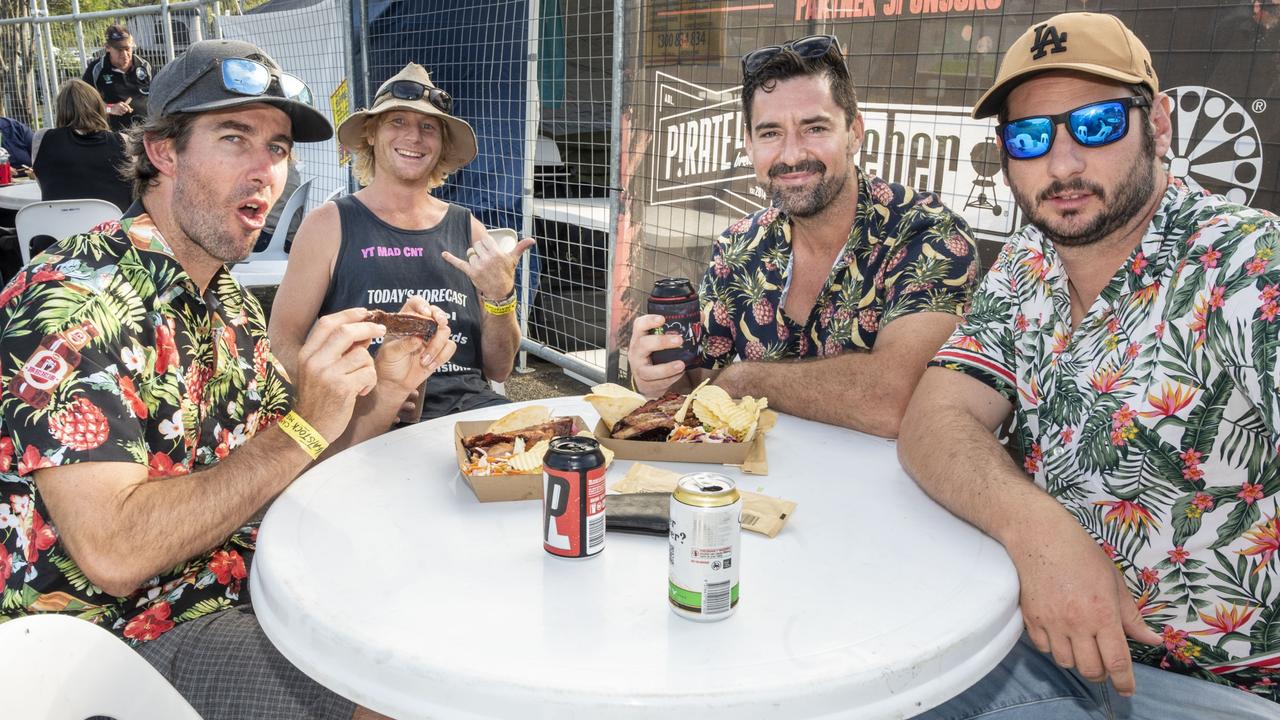 (from left) Danny O'Halloran, Jack Burge, John Cowley and Sye at Meatstock, Toowoomba Showgrounds. Friday, April 8, 2022. Picture: Nev Madsen.