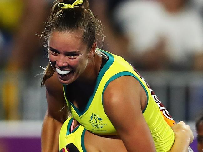 GOLD COAST, AUSTRALIA - APRIL 12:  Grace Stewart of Australia celebrates scoring her teams first goal of the game during Women's Semifinal hockey match between Australia and India on day eight of the Gold Coast 2018 Commonwealth Games at Gold Coast Hockey Centre on April 12, 2018 on the Gold Coast, Australia.  (Photo by Dean Mouhtaropoulos/Getty Images)