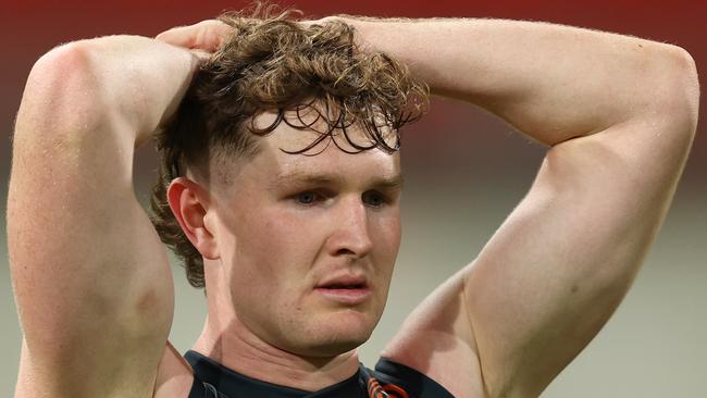 SYDNEY, AUSTRALIA - MAY 18: Tom Green of the Giants looks dejected during the round 10 AFL match between Greater Western Sydney Giants and Western Bulldogs at ENGIE Stadium on May 18, 2024 in Sydney, Australia. (Photo by Jason McCawley/AFL Photos/via Getty Images)