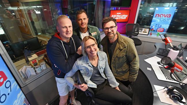 (L-R) Luttsy, Ash, Kip and Susie O'Neill (Ashley Bradnam, Kip Wightman, David "Luttsy" Lutteral) were leading the breakfast ratings in Brisbane for their show on Nova FM in 2021. Picture: Lyndon Mechielsen/The Australian