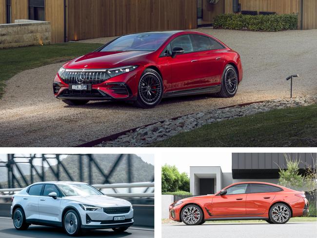 Three leading performance EVs, the Mercedes-AMG EQS 53 (top), Polestar 2 (left) and BMW i4 M50 (right).