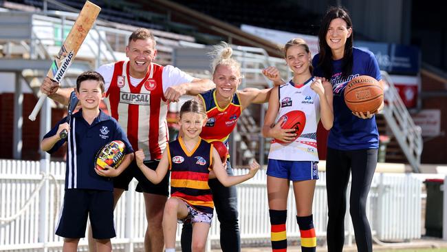 Sport and radio personalities Mark Soderstrom and Erin Phillips joined with basketball legend Rachael Sporn and St Andrew’s School students Max Norman, Lucy Leyden and Helena Huebl, to celebrate the joy that is kids and sport. Picture: Kelly Barnes