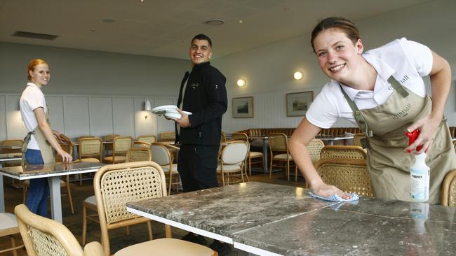 Emu Hall staffers Ruby Skippen and Sam Ruhle, with venue manager Cristian Gorgees are super excited to reopen to dining cutsomers. Picture: John Appleyard