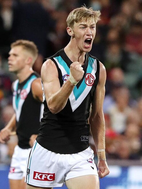 The teal jersey Port Adelaide usually wears. (Photo by Sarah Reed/AFL Photos via Getty Images)