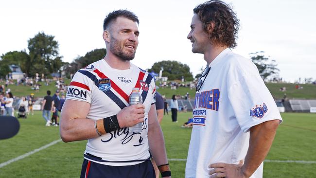 Angus Crichton catches up with Sharks star Nicho Hynes after the game. Picture: Sam Ruttyn