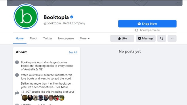 Online bookstore Booktopia was still waiting for its content to be restored more than 36 hours after Facebook removed it. The page as on Friday night.