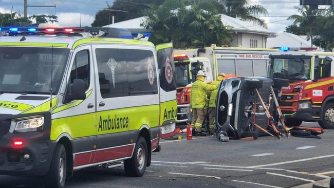 Emergency crews at the scene of a traffic crash in Park Avenue, North Rockhampton, on April 21. Photo: Darryn Nufer.