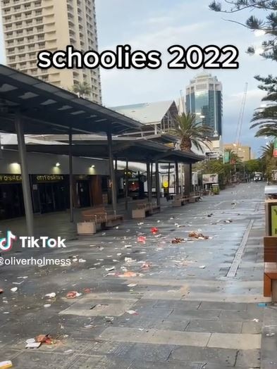 A popular schoolies destination in Surfers Paradise was left trashed. Picture: TikTok/@oliverholmess