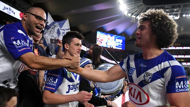 Raymond Faitala of the Bulldogs celebrates with supporters following his team's win over the Eels in the Round 23 NRL match between the Parramatta Eels and the Canterbury-Bankstown Bulldogs at Bankwest Stadium in Sydney, Thursday, August 22, 2019. (AAP Image/Dan Himbrechts) NO ARCHIVING, EDITORIAL USE ONLY