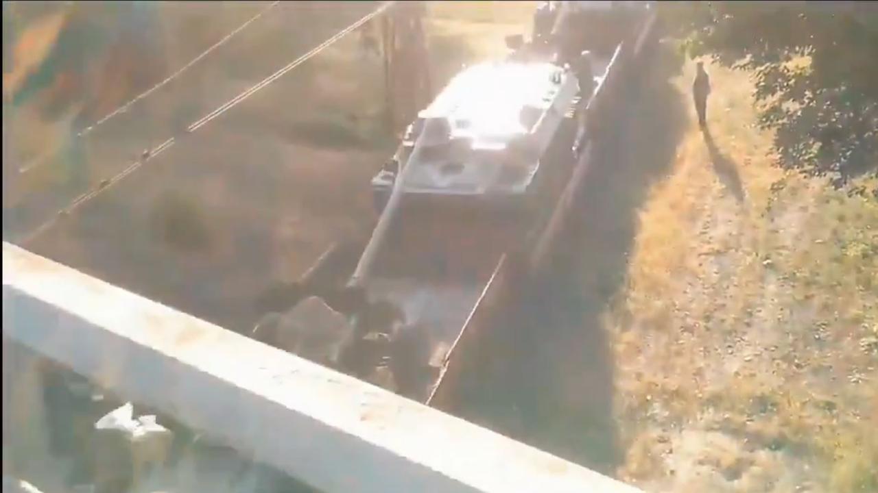 Tanks are seen on a railway as tension build between Russia and the Ukraine. Picture: Twitter