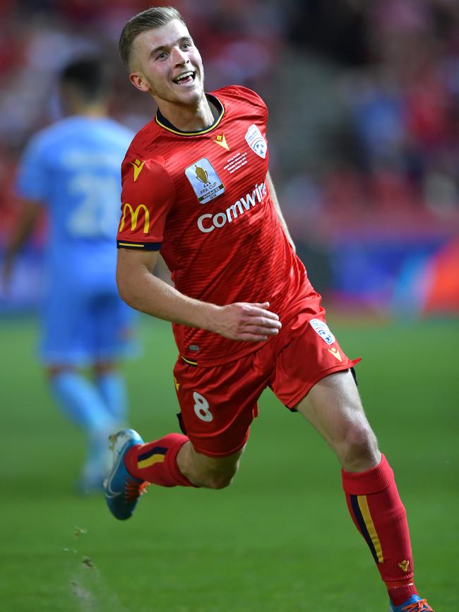 Adelaide United midfielder Riley McGree celebrates his goal in the FFA Cup final. Picture: Mark Brake/Getty Images