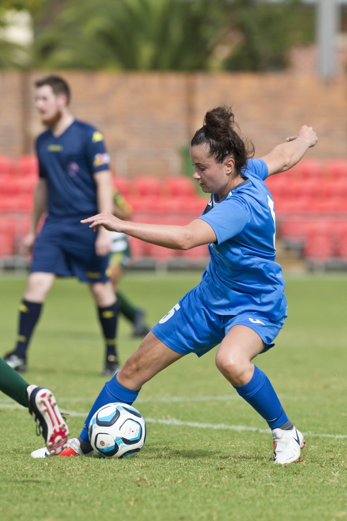 Gemma Cartwright of South West Queensland Thunder against Western Pride in NPLW Queensland round three football at Clive Berghofer Stadium, Saturday, March 2, 2019. Picture: Kevin Farmer